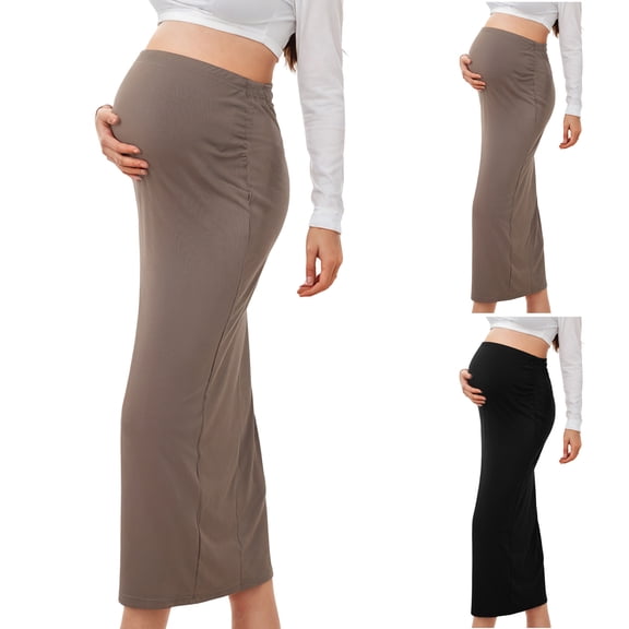 Lispipm Maternity Adjustable Waist Maxi Skirt Summer Rib Knit High Waist Stretchy Pregnancy Long Pencil Skirts for Daily Black L