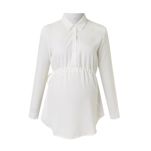 Lispipm Maternity Blouse for Women Belted Button Down Shirts Long Sleeve Spring Casual Pregnancy Tops for Ladies Work L White