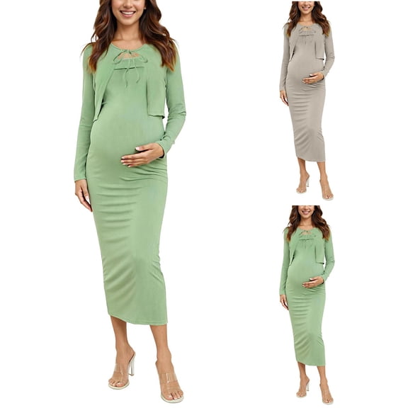 Lispipm Maternity Dress and Short Cardigan for Women Bodycon Ribbed Maxi Dress Fashion Pregnancy Outfit Set for Take Photos Green L