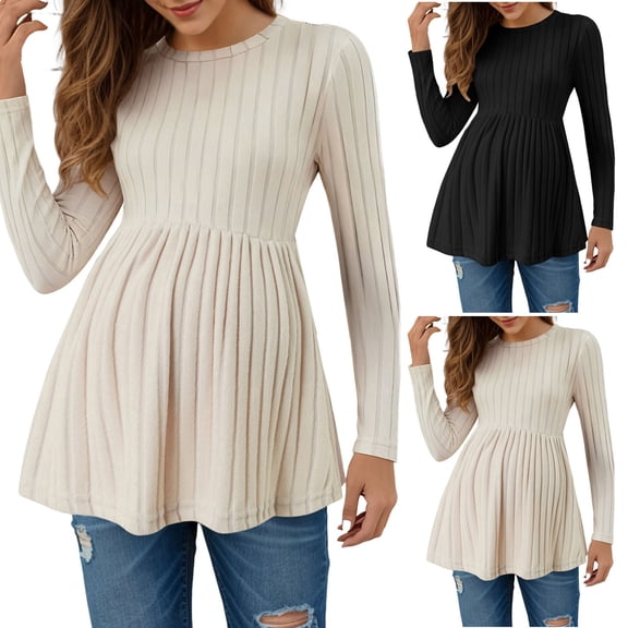 Lispipm Maternity Knit Shirt for Women Spring Crewneck Long Sleeve Pullover A Line Tops Fashion Tunic Clothes for Travel Beige S