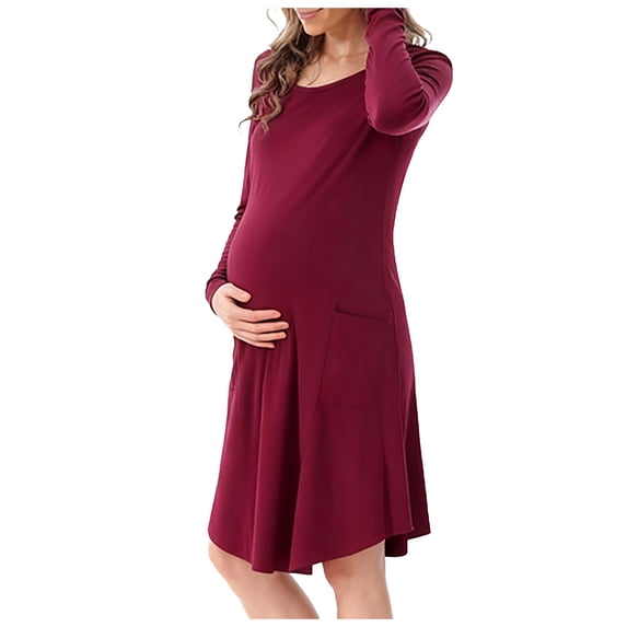 Lispipm Maternity Maxi Dress for Women Side Pockets Long Sleeve Crew Neck Pregnancy Dresses for Home and Sleep Wine XL