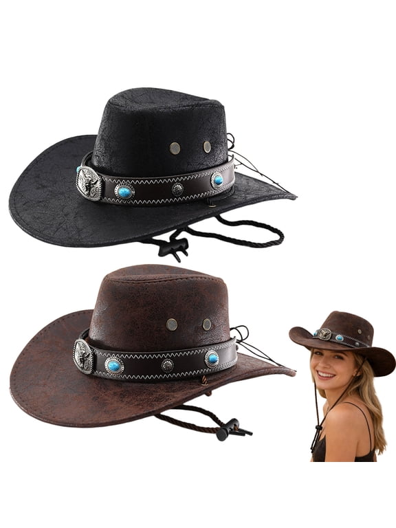 Mens and Womens Western Cowboy Hats Summer Studded Pinched Wide Brim Fedoras Sun Hat with Adjustable Strap Black