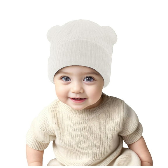 Lispipm Newborn Baby Hat Bear Ears Infant Caps Knitted Beenie Toddler Soft Hat for Fall Winter Home and Outdoor White 3-36 Months