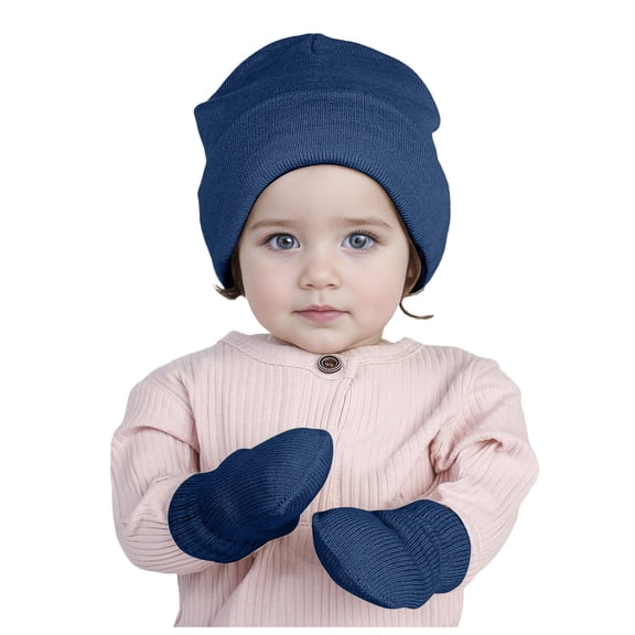 Lispipm Newborn Baby Hats and Mittens Set Fall Winter Toddler Cotton Caps Boys and Girls Gloves Beenies for Outdoor Navy 3-24 Months