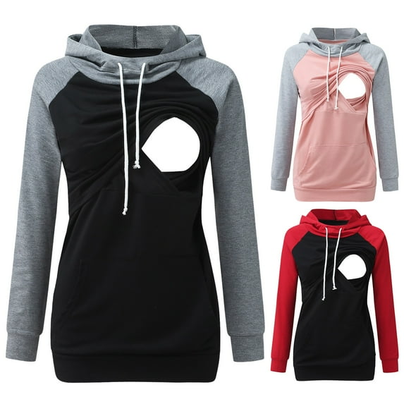 Lispipm Nursing Hoodie Sweatshirt for Women Long Sleeves Breastfeeding Tops Convenient Clothes for Mom with Drawstring Hat Grey L