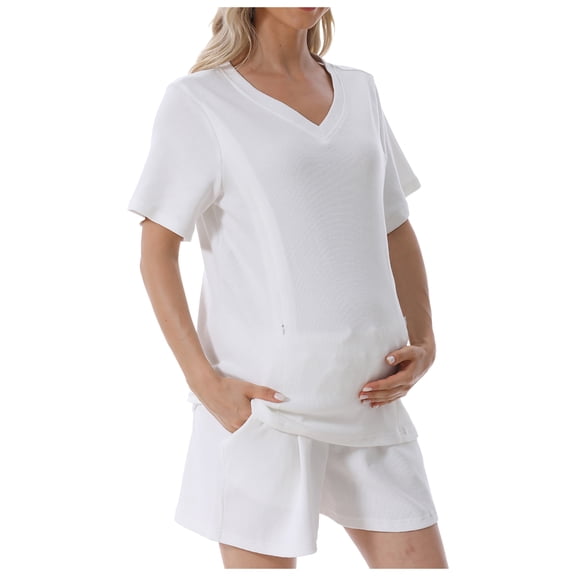 Lispipm Nursing Pajamas Set for Women Summer Short Sleeve and Shorts Casual V Neck Loungewear Maternity Pajama Outfit White L