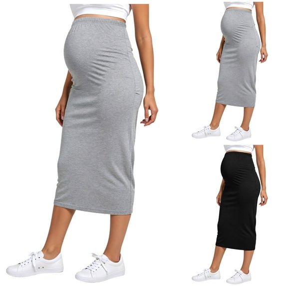 Lispipm Pregnant High Waist Skirt for Women Soft Solid Color Bodycon Skirt Fashion Maternity Clothes for Work and Shopping Black L