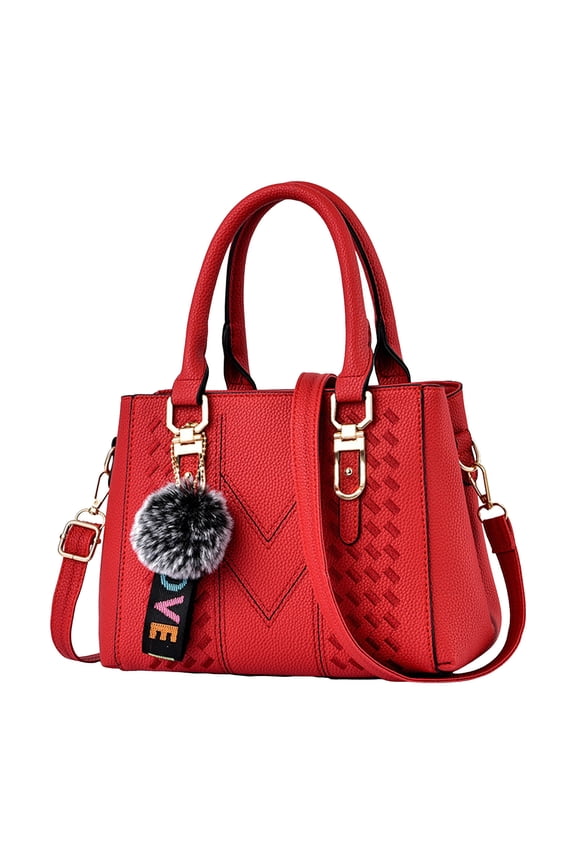 Purse and Handbags for Women Fashion Leather Top Handle Satchel Shoulder Bags Zip Compartments Tote Bag with Plush Pendant Red