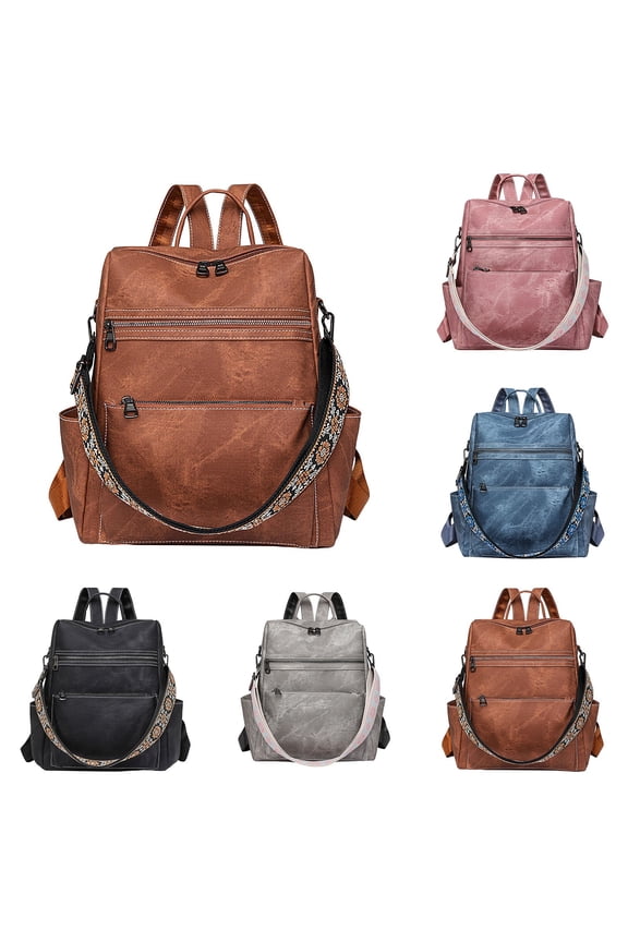 Retro Backpack for Women Large Capacity Travel Daypack Wallet Set Wear Resistant Daily Bags with Removable Wide Shoulder Strap Black