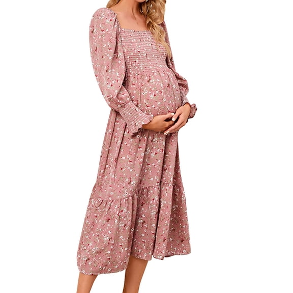 Lispipm Spring Long Puff Sleeve Maternity Dress for Women Square Neck Floral Midi Dress for Ladies Summer Travel Vacation M Red