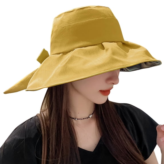 Lispipm Summer Beach Sun Hats for Women Wide Brim Ruffle Bow Hiking Caps 2026 Outdoor Vacation Hat for Ladies Hot Day Yellow