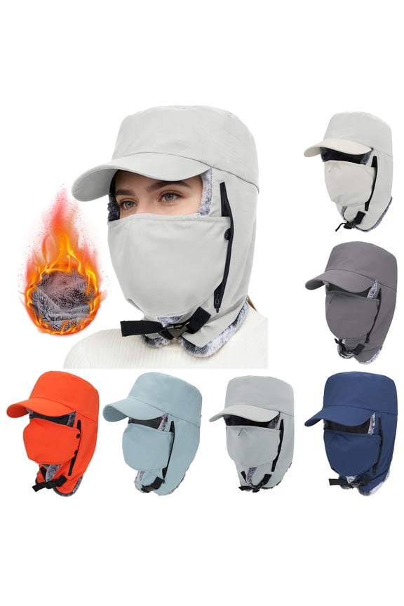 Trapper Hat for Men Winter Trinity Windproof Cap with Removable Facemask Earmuffs Plush Lined Thermal Motorcycle Cap Beige