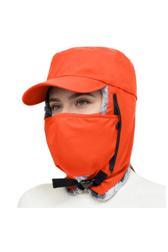 Trapper Hat for Men Winter Trinity Windproof Cap with Removable Facemask Earmuffs Plush Lined Thermal Motorcycle Cap Orange