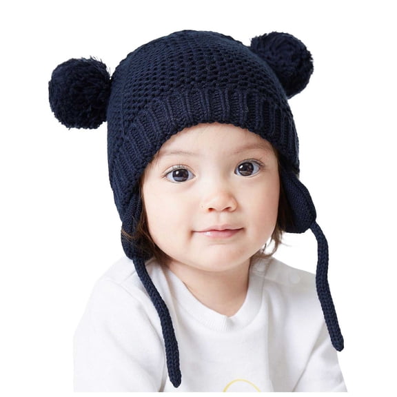 Lispipm Winter Baby Knitted Beenie Earflap Toddler Hat Newborn Windproof Thickened Cap for Boys and Girls Outdoor Navy 2-3 Years
