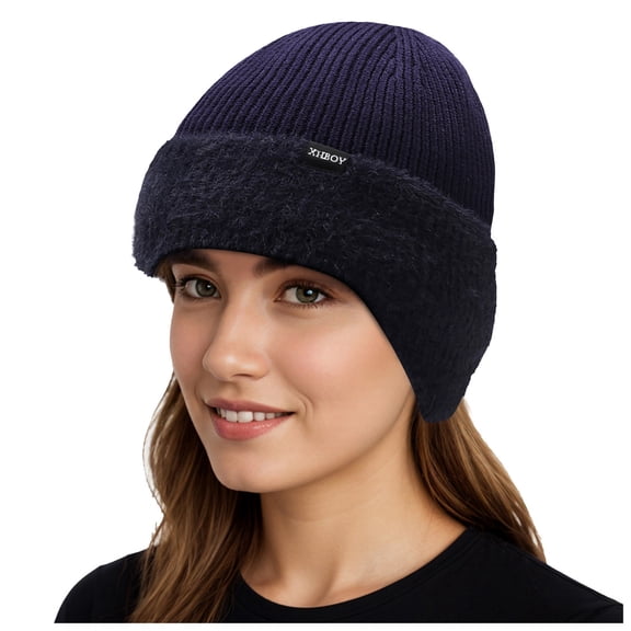 Lispipm Winter Bean1e with Earflap for Men Women Outdoor Warm Thermal Knitted Hat Outdoor Sports Windproof Unisex Slouchy Caps Blue