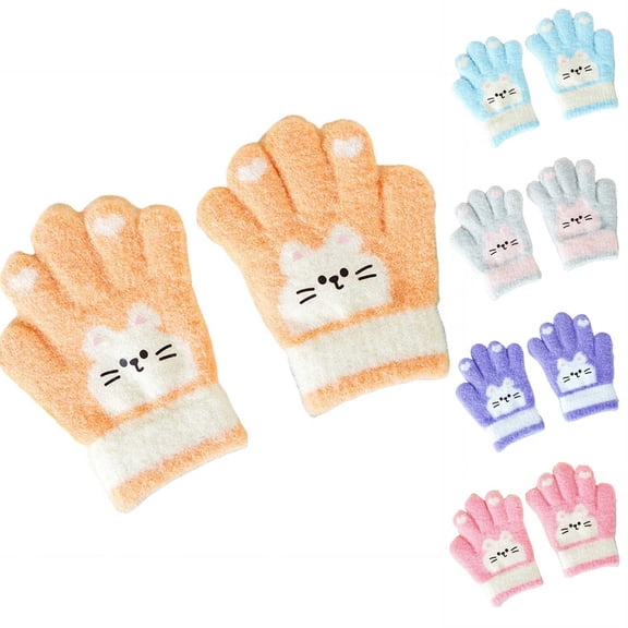 Lispipm Winter Gloves for Kids Cartoon Cat Pattern Warm Wool Lined Gloves Thermal Knitted Mittens for Snowy Day Blue 2-4 Years