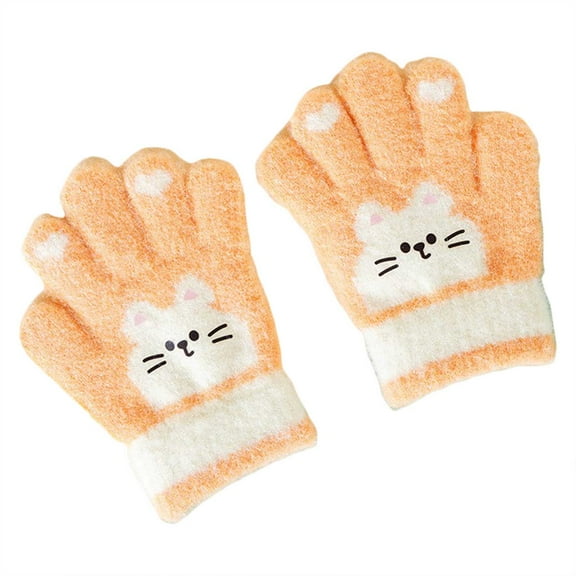 Lispipm Winter Gloves for Kids Cartoon Cat Pattern Warm Wool Lined Gloves Thermal Knitted Mittens for Snowy Day Orange 2-4 Years