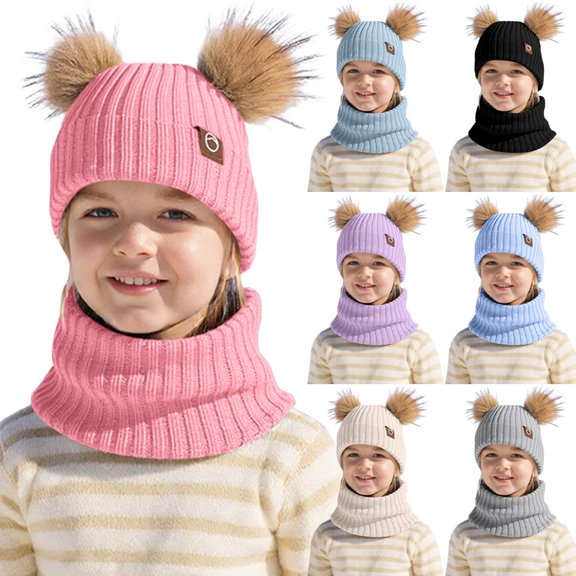 Lispipm Winter Hat and Scarf Set for Kids Cute Knit Warm for Boys Girls Neck Warmer Bean1e with Pompom Beige
