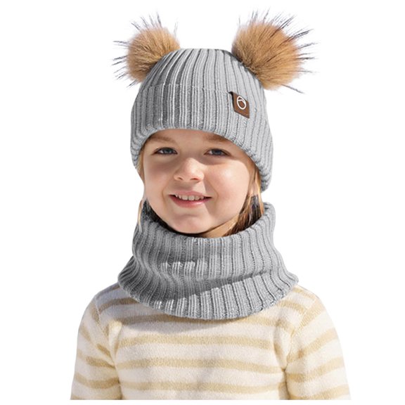 Lispipm Winter Hat and Scarf Set for Kids Cute Knit Warm for Boys Girls Neck Warmer Beanie with Plush Ear Decoration Grey