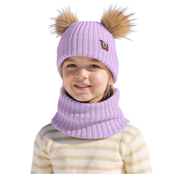 Lispipm Winter Hat and Scarf Set for Kids Cute Knit Warm for Boys Girls Neck Warmer Beanie with Plush Ear Decoration Purple