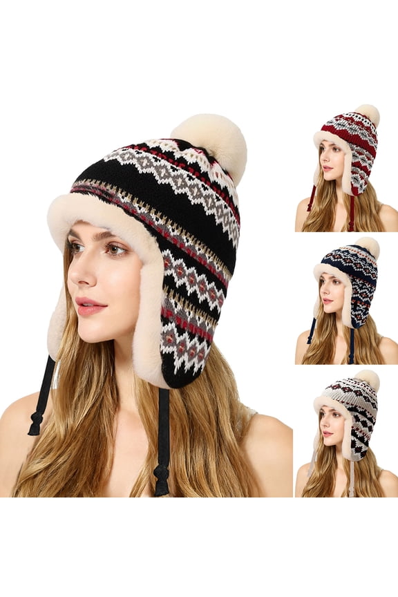 Winter Hat for Women Warm Earmuffs Thick Knit Pattern Cap Fleece Lined Bean1e Pompom Hat for Outdoor Snowy Weather Beige