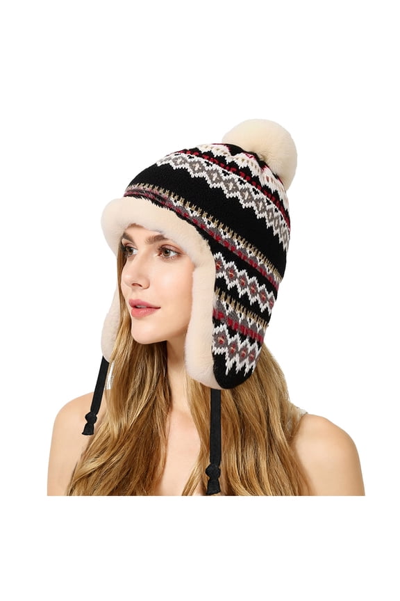 Winter Hat for Women Warm Earmuffs Thick Knit Pattern Cap Fleece Lined Bean1e Pompom Hat for Outdoor Snowy Weather Black