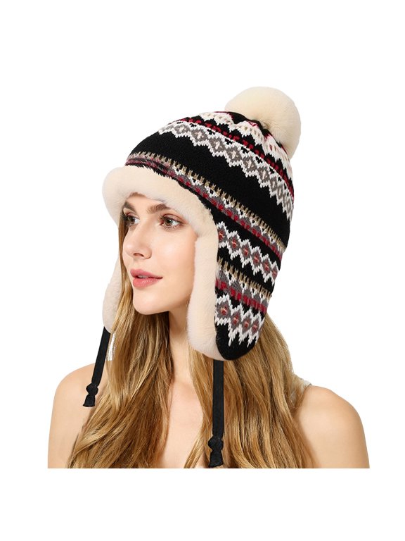 Winter Hat for Women Warm Earmuffs Thick Knit Pattern Cap Fleece Lined Bean1e Pompom Hat for Outdoor Snowy Weather Black