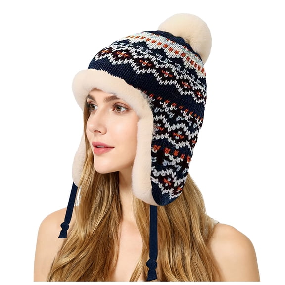 Lispipm Winter Hat for Women Warm Earmuffs Thick Knit Pattern Cap Fleece Lined Bean1e Pompom Hat for Outdoor Snowy Weather Navy