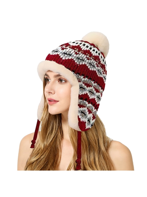 Winter Hat for Women Warm Earmuffs Thick Knit Pattern Cap Fleece Lined Bean1e Pompom Hat for Outdoor Snowy Weather Red