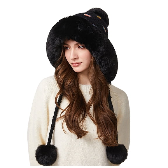 Lispipm Winter Hat for Women Warm Knit Bean1e Trapper Hat Ear Warm and Pompom Soft Fleece Lined Cap for Cold Weather Outdoor Ski Black