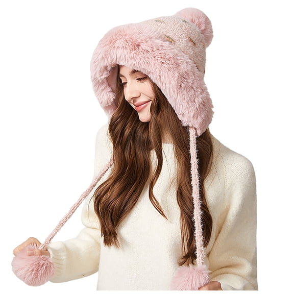 Lispipm Winter Hat for Women Warm Knit Bean1e Trapper Hat Ear Warm and Pompom Soft Fleece Lined Cap for Cold Weather Outdoor Ski Pink