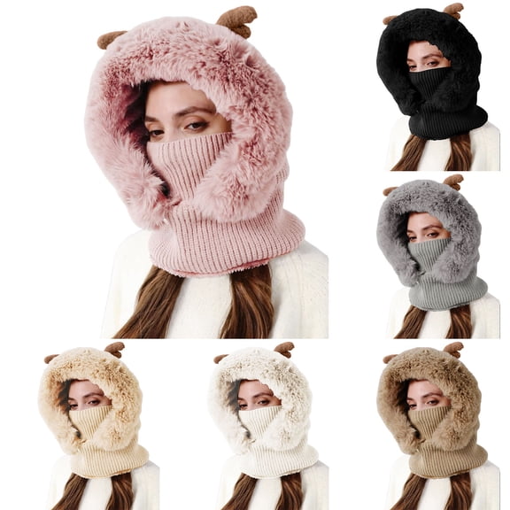 Lispipm Winter Knit Plush Hat for Women Cute Deer Horn Fleece Gaiter Hat Integrated Cap Scarf Hood Combined for Cold Weather Beige