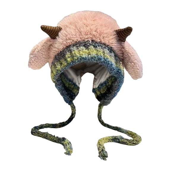Lispipm Winter Plush Hat for Women Cute Horns Sheep Ears Woolen Windproof Hats Warm for Outdoor Travel with Pull Cord Pink