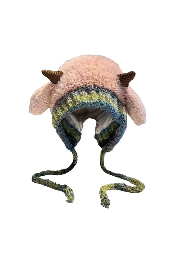 Winter Plush Hat for Women Cute Horns Sheep Ears Woolen Windproof Hats Warm for Outdoor Travel with Pull Cord Pink