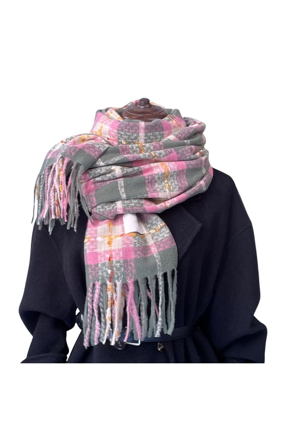 Winter Scarf for Women Warmth Plaid Unisex Blanket Checked Thick Soft Shawl Versatile Neckwear with Tassel Pink