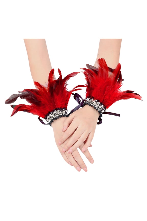 Women Feather Gloves Gothic Wrist Band Carnival Witch Angels Costume Accessories for Vacation Evening Party Red