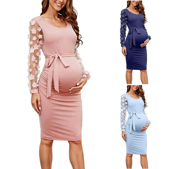 Lispipm Women Long Sleeve Maternity Midi Dress with Floral Mesh Summer Pregnant Bodycon Dresses for Photography Blue XXL