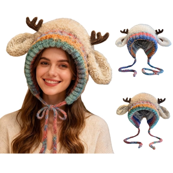 Lispipm Women Winter Plush Hat Fashion Cute Antlers Ears Warm Color Woolen Hats for Ladies Outdoor Travel Shopping Beige