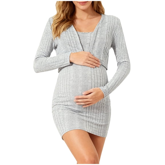 Lispipm Women's Cardigan and Sleeveless Dress Outfit Maternity Bodycon Ribbed Cropped Coat Midi Dresses for Spring Summer Light Gray L