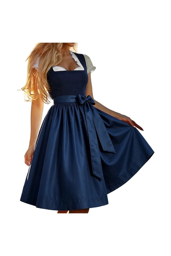 Women's German Dirndl Dress for Oktoberfest Ruffle Neck Short Sleeve Dresses Ribbon Belt Summer Outdoor Party Clothes Blue 3XL