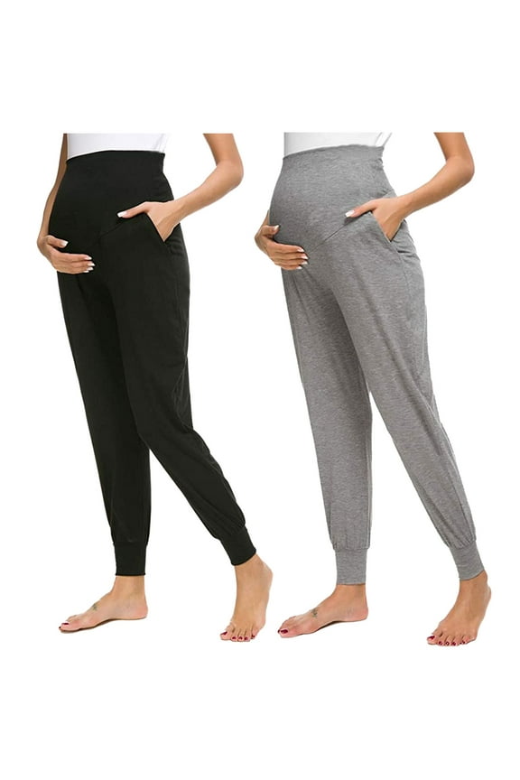 Women's Maternity Pants with Pockets Stretchy Workout Sweatpants Casual Loose Comfy Lounging Pants Black L