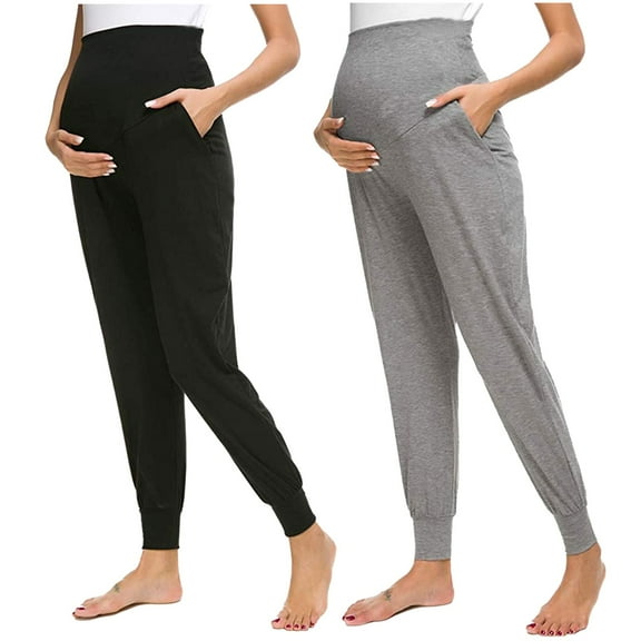 Lispipm Women's Maternity Pants with Pockets Stretchy Workout Sweatpants Casual Loose Comfy Lounging Pants Black XL