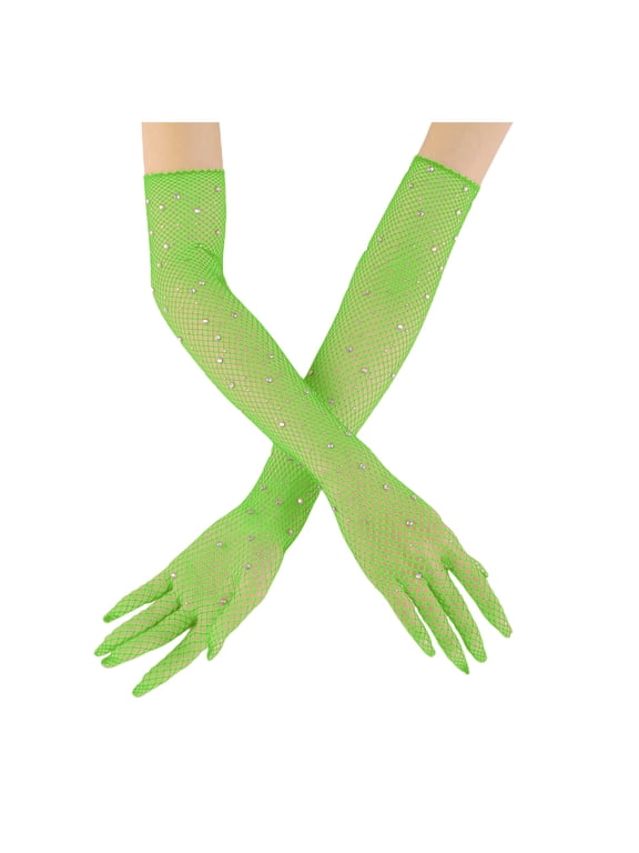 Women's Rhinestone Fishnet Gloves Mesh Sparkly Party Glitter Long Glove Ladies Full Finger Summer Performance Sleeve Green