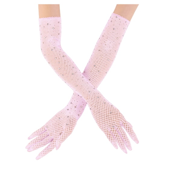 Lispipm Women's Rhinestone Fishnet Gloves Mesh Sparkly Party Glitter Long Glove Ladies Full Finger Summer Performance Sleeve Pink