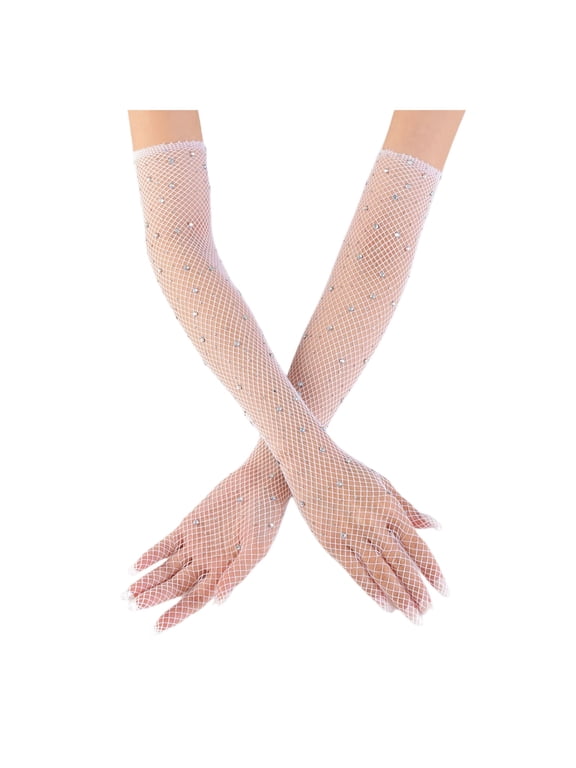 Women's Rhinestone Fishnet Gloves Mesh Sparkly Party Glitter Long Glove Ladies Full Finger Summer Performance Sleeve White
