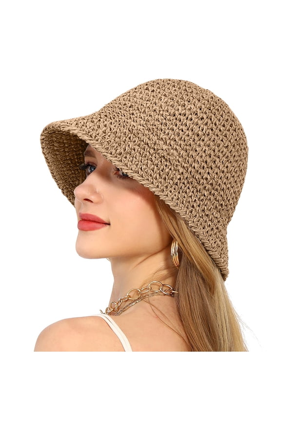 Women's Straw Bucket Hats for Summer Vacation Short Brim Beach Casual Caps Ladies Outdoor Hiking Travel Hat Brown