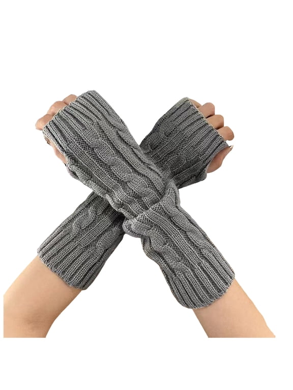 Womens Arm Warmers Casual Soft Long Fingerless Gloves Winter Knitted Wrist Thumb Hole Stretchy Mittens Grey