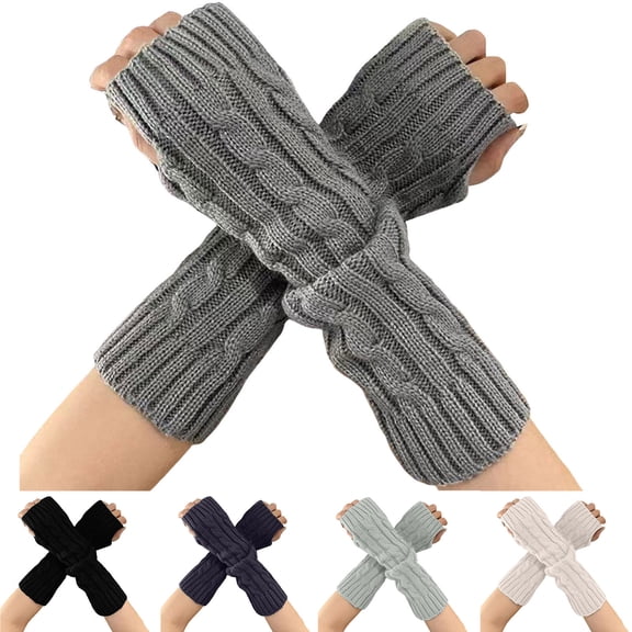 Lispipm Womens Arm Warmers Casual Soft Long Fingerless Gloves Winter Knitted Wrist Thumb Hole Stretchy Mittens Black