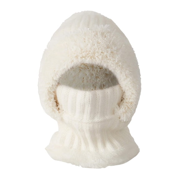 Lispipm Womens Knitted Hat with Pompom Winter Windproof Face Hooded Scarf Hats Soft Warmth Furry Beenie Gift for Ladies White M