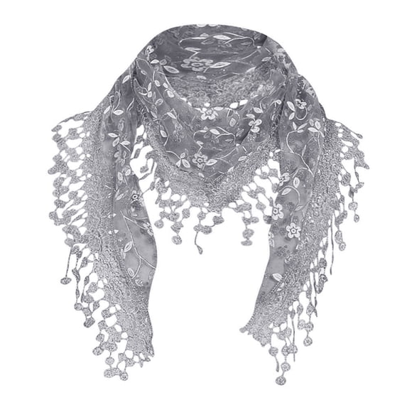 Lispipm Womens Lace Fringes Scarf Embroidery Floral Tassel Shawl Lightweight Soft Head Covering Veils Gift for Ladies Grey